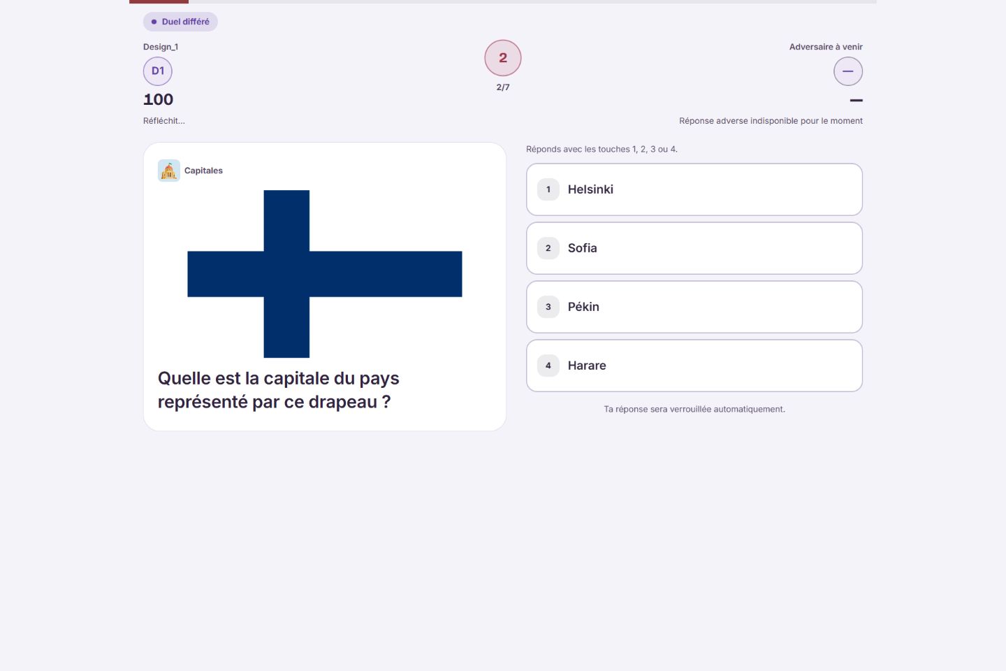Aperçu de Quizénith : une question sur la capitale de la Finlande et quatre réponses au choix.